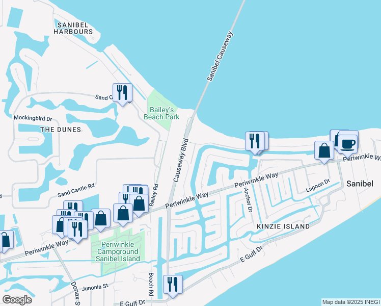 map of restaurants, bars, coffee shops, grocery stores, and more near 1250 Tennis Place Court in Sanibel