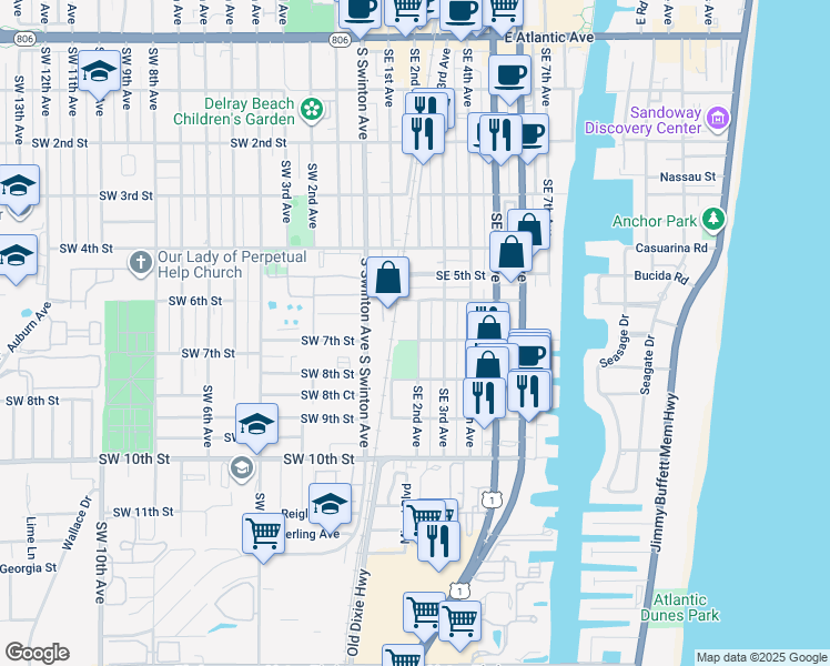 map of restaurants, bars, coffee shops, grocery stores, and more near 109 Southeast 7th Street in Delray Beach