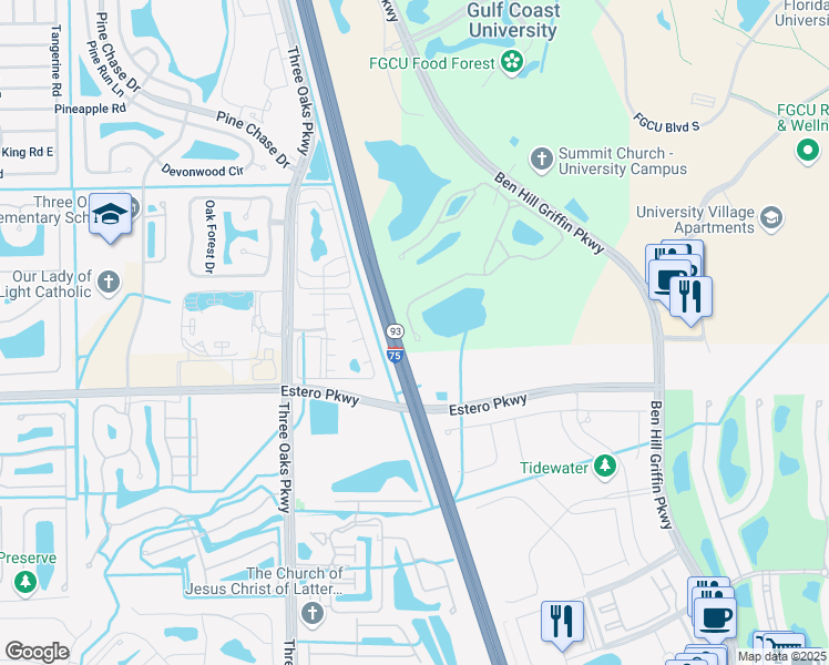 map of restaurants, bars, coffee shops, grocery stores, and more near Highway 93 in Fort Myers
