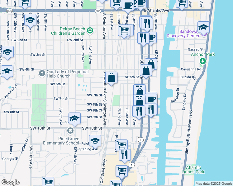 map of restaurants, bars, coffee shops, grocery stores, and more near 115 Southeast 7th Street in Delray Beach