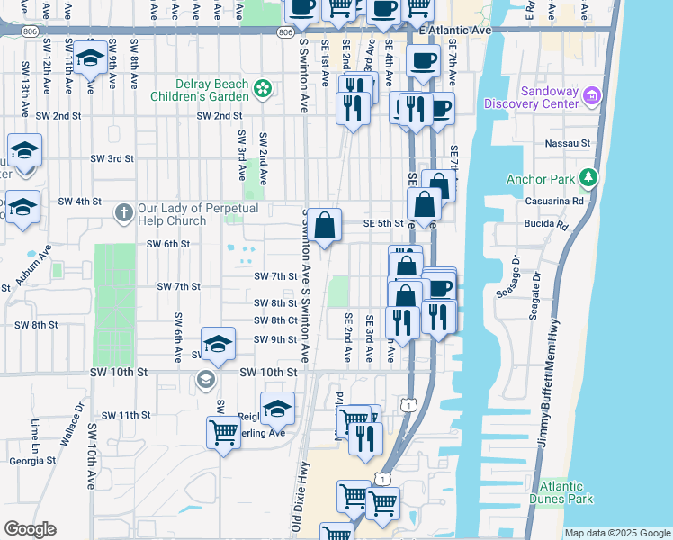 map of restaurants, bars, coffee shops, grocery stores, and more near 109 Southeast 7th Street in Delray Beach