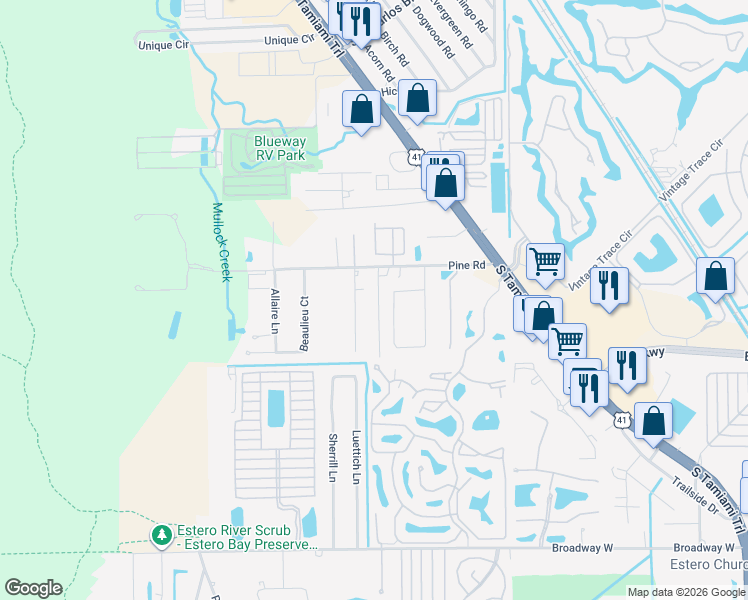map of restaurants, bars, coffee shops, grocery stores, and more near 19811 Adams Road in Fort Myers