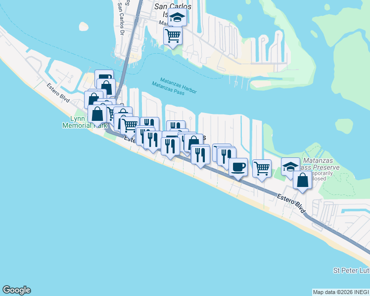 map of restaurants, bars, coffee shops, grocery stores, and more near 124 Miramar Street in Fort Myers Beach