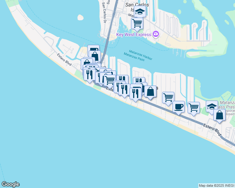 map of restaurants, bars, coffee shops, grocery stores, and more near 1300 Estero Boulevard in Fort Myers Beach