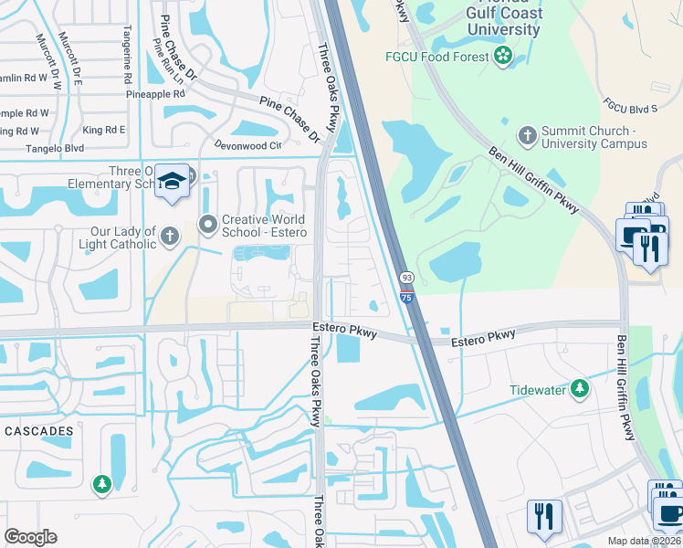 map of restaurants, bars, coffee shops, grocery stores, and more near 19655 3 Oaks Parkway in Fort Myers