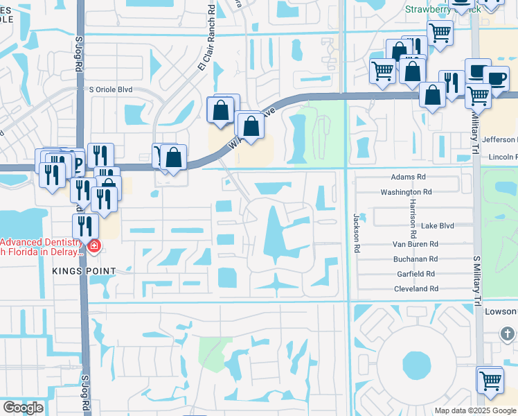 map of restaurants, bars, coffee shops, grocery stores, and more near Lakes of Delray Boulevard in Delray Beach
