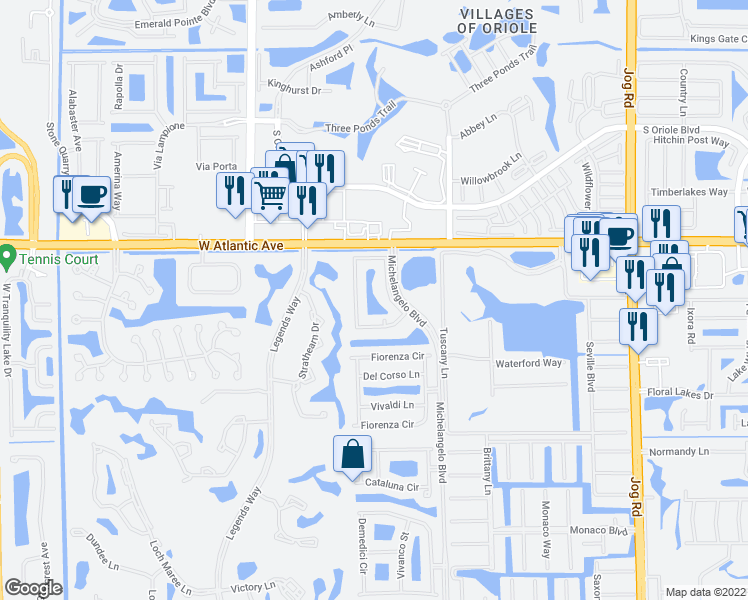 map of restaurants, bars, coffee shops, grocery stores, and more near 15135 Michelangelo Boulevard in Delray Beach