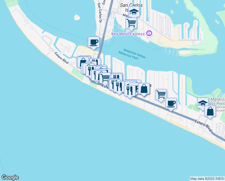 map of restaurants, bars, coffee shops, grocery stores, and more near 1270 Estero Boulevard in Fort Myers Beach