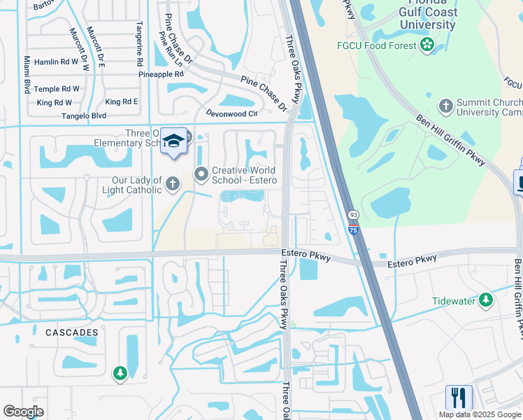 map of restaurants, bars, coffee shops, grocery stores, and more near 9930 Estero Oaks Drive in Fort Myers
