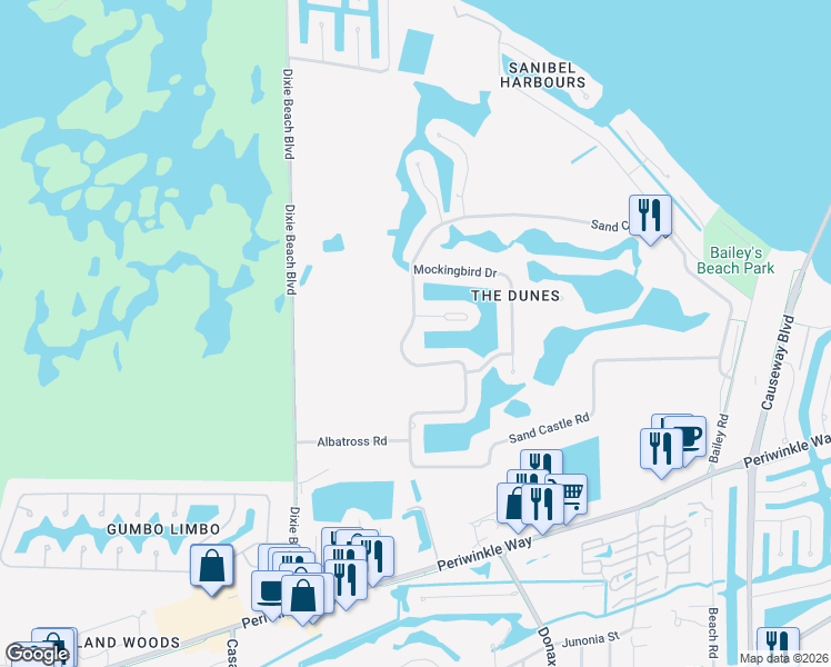 map of restaurants, bars, coffee shops, grocery stores, and more near 1529 Sand Castle Road in Sanibel
