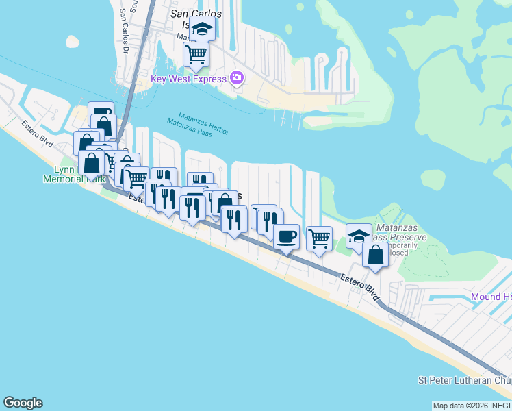 map of restaurants, bars, coffee shops, grocery stores, and more near 201 Delmar Avenue in Fort Myers Beach