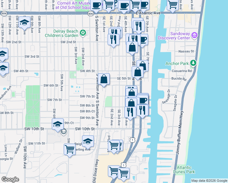 map of restaurants, bars, coffee shops, grocery stores, and more near 602 Southeast 3rd Avenue in Delray Beach