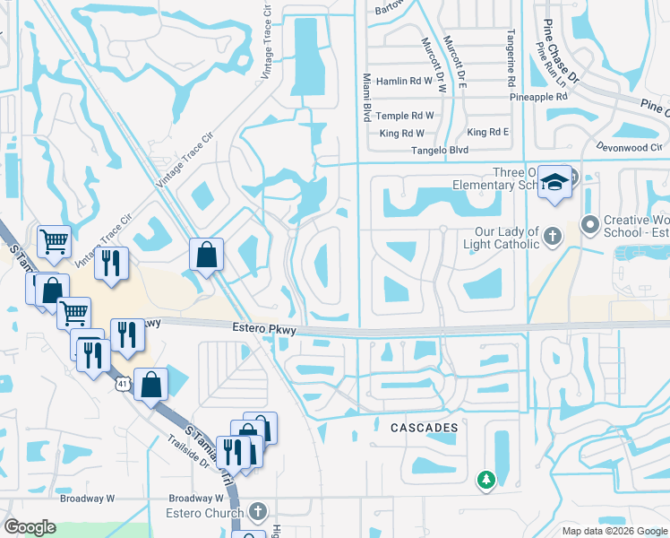map of restaurants, bars, coffee shops, grocery stores, and more near 19860 Maddelena Circle in Fort Myers