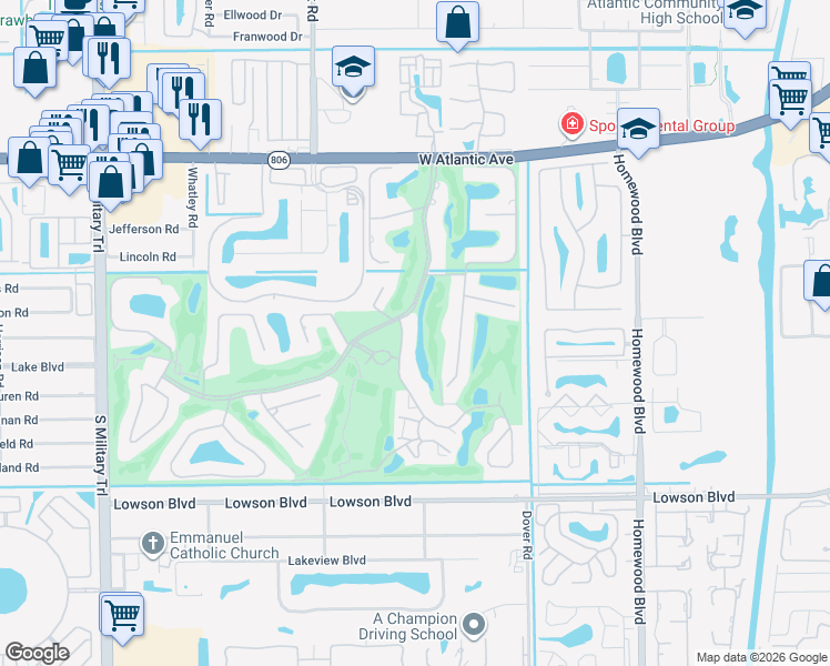 map of restaurants, bars, coffee shops, grocery stores, and more near 730 Greensward Court in Delray Beach