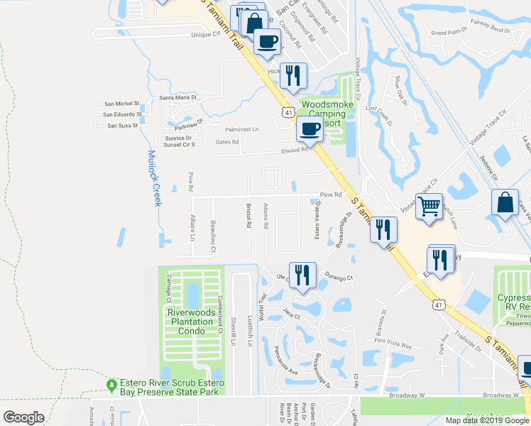 map of restaurants, bars, coffee shops, grocery stores, and more near 19761 Adams Road in Fort Myers