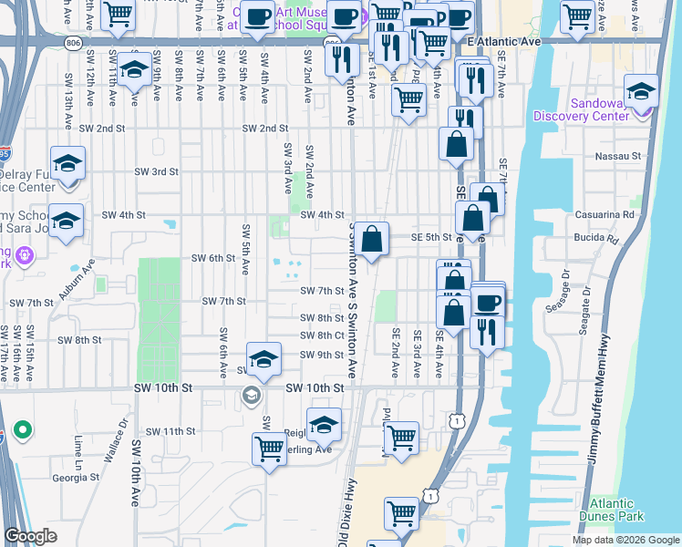 map of restaurants, bars, coffee shops, grocery stores, and more near 590 South Swinton Avenue in Delray Beach