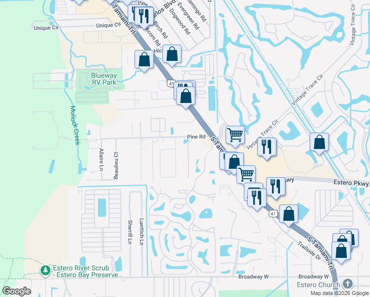 map of restaurants, bars, coffee shops, grocery stores, and more near 19910 Estero Verde Drive in Fort Myers