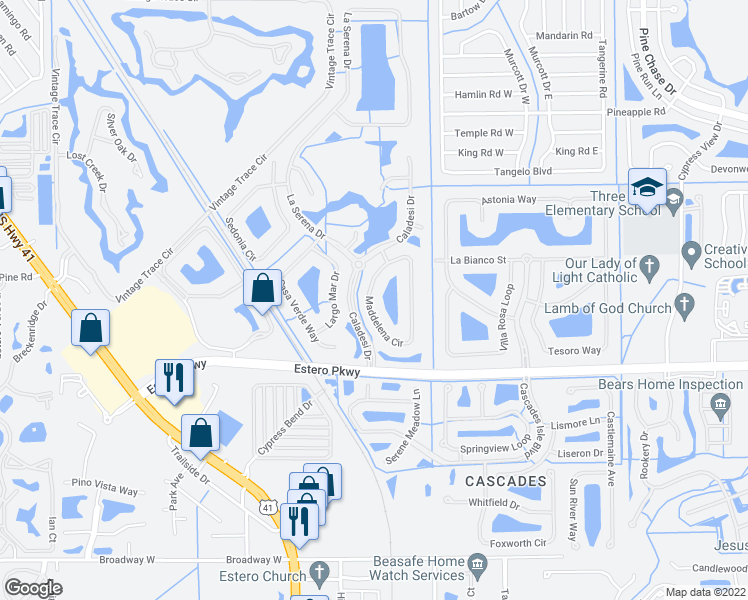 map of restaurants, bars, coffee shops, grocery stores, and more near 19667 Maddelena Circle in Fort Myers
