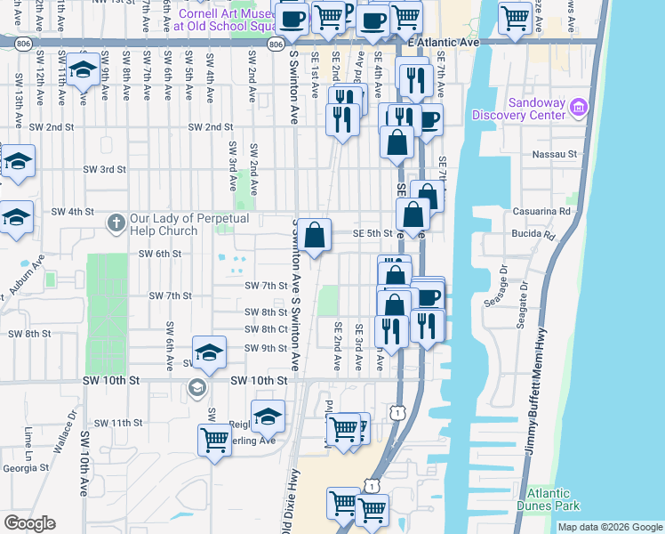 map of restaurants, bars, coffee shops, grocery stores, and more near 111 Southeast 6th Street in Delray Beach