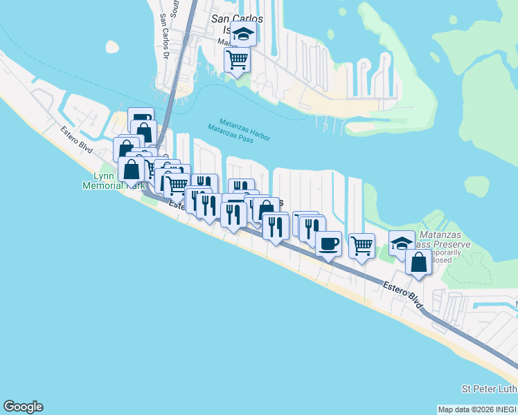 map of restaurants, bars, coffee shops, grocery stores, and more near 239 Ohio Avenue in Fort Myers Beach