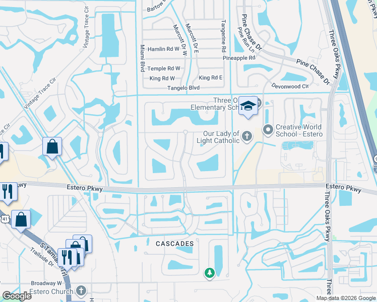 map of restaurants, bars, coffee shops, grocery stores, and more near 19620 Tesoro Way in Fort Myers