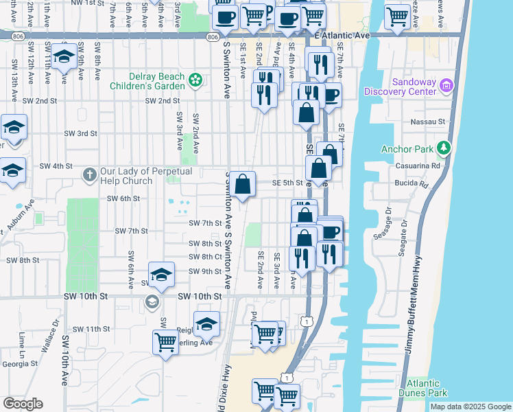 map of restaurants, bars, coffee shops, grocery stores, and more near 111 Southeast 6th Street in Delray Beach