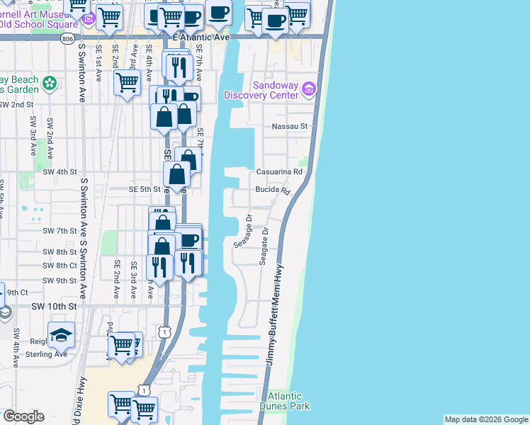 map of restaurants, bars, coffee shops, grocery stores, and more near 1041 Melaleuca Road in Delray Beach