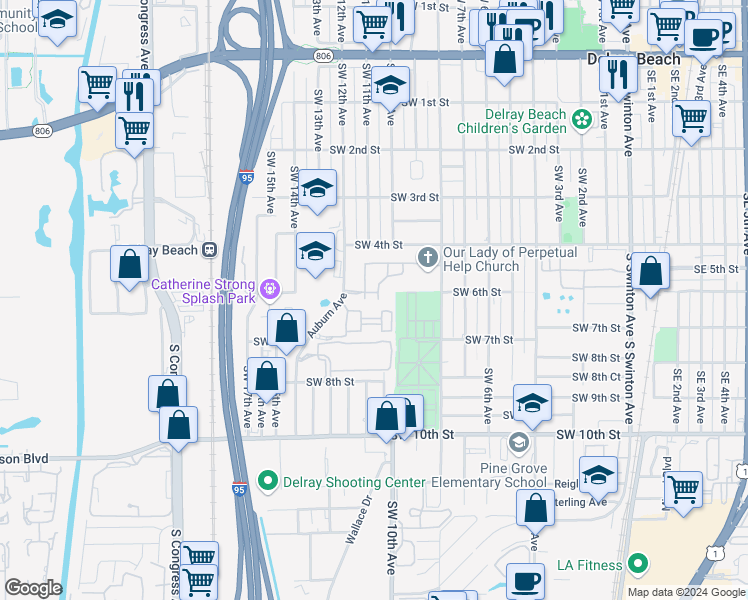 map of restaurants, bars, coffee shops, grocery stores, and more near 1060 Auburn Circle West in Delray Beach