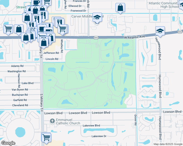 map of restaurants, bars, coffee shops, grocery stores, and more near 678 West Lakewoode Circle in Delray Beach