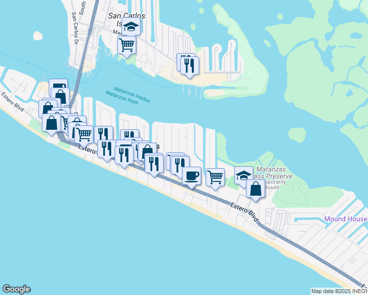 map of restaurants, bars, coffee shops, grocery stores, and more near 291 Mango Street in Fort Myers Beach
