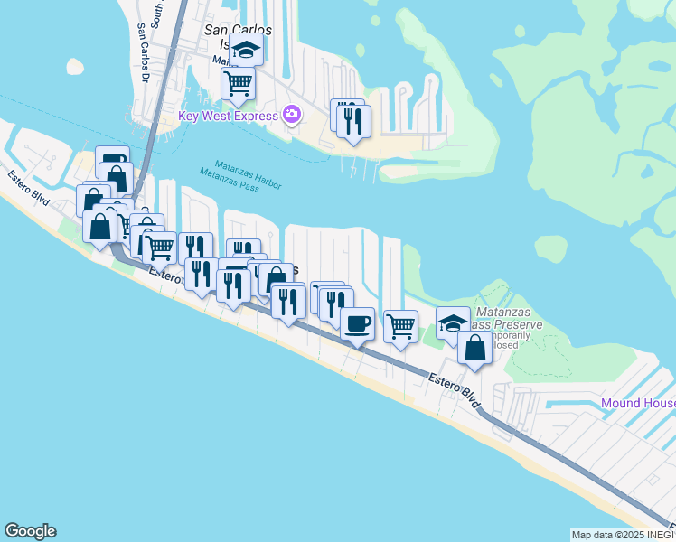 map of restaurants, bars, coffee shops, grocery stores, and more near 230 Fairweather Lane in Fort Myers Beach