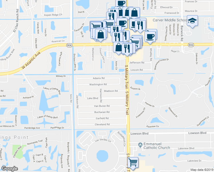 map of restaurants, bars, coffee shops, grocery stores, and more near 5188 Washington Road in Delray Beach