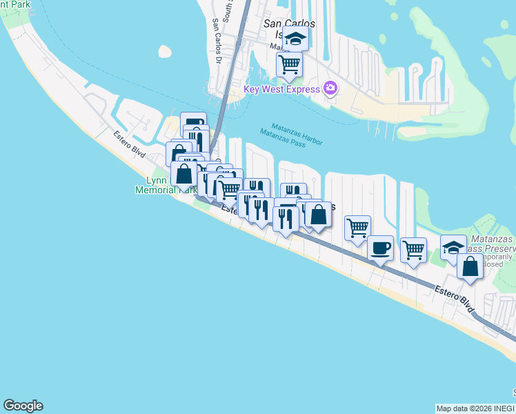 map of restaurants, bars, coffee shops, grocery stores, and more near 551 Palermo Circle in Fort Myers Beach