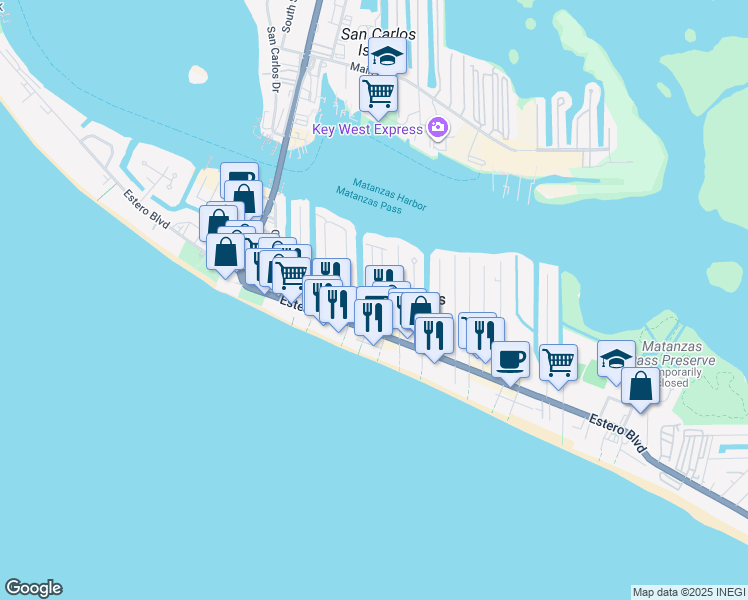 map of restaurants, bars, coffee shops, grocery stores, and more near in Fort Myers Beach