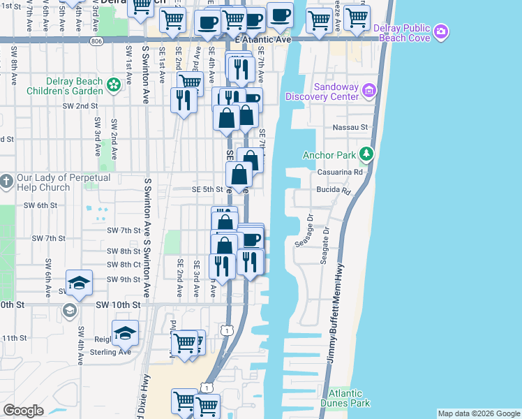 map of restaurants, bars, coffee shops, grocery stores, and more near 555 Southeast 6th Avenue in Delray Beach