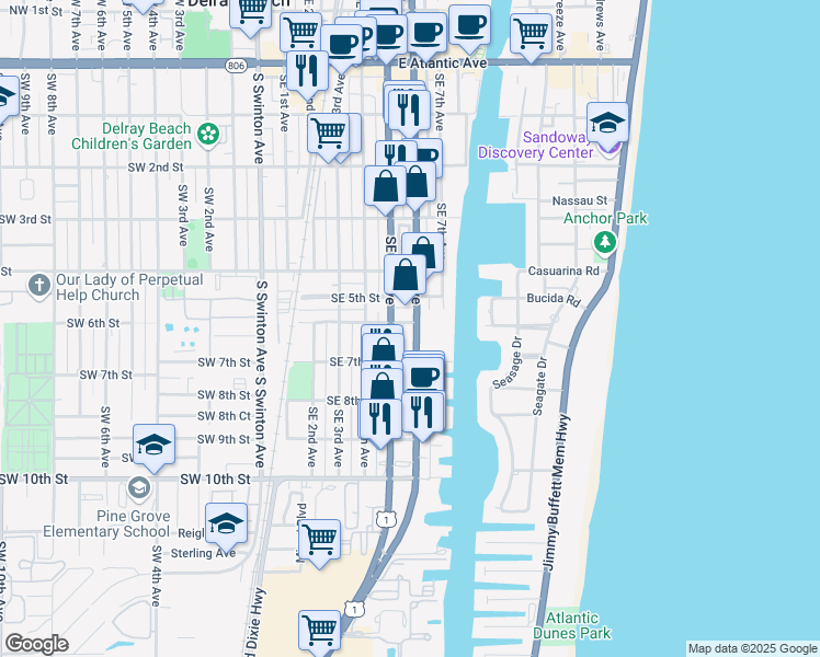 map of restaurants, bars, coffee shops, grocery stores, and more near 604 Southeast 6th Avenue in Delray Beach