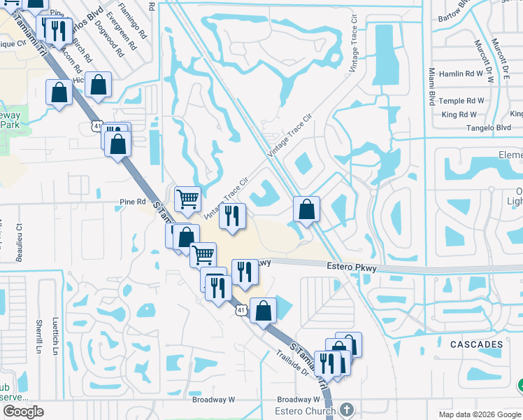 map of restaurants, bars, coffee shops, grocery stores, and more near 8470 Kingbird Loop in Fort Myers
