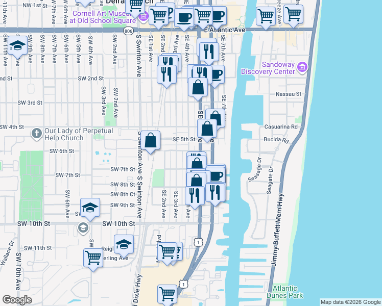 map of restaurants, bars, coffee shops, grocery stores, and more near 601 Southeast 4th Avenue in Delray Beach