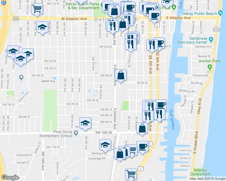 map of restaurants, bars, coffee shops, grocery stores, and more near 590 South Swinton Avenue in Delray Beach