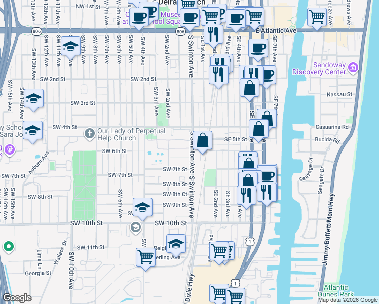 map of restaurants, bars, coffee shops, grocery stores, and more near 590 South Swinton Avenue in Delray Beach