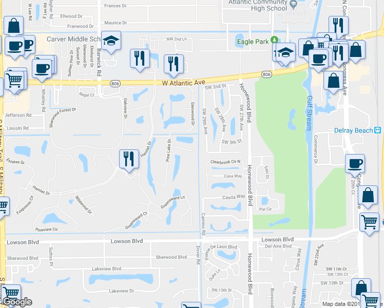 map of restaurants, bars, coffee shops, grocery stores, and more near 3554 Pine Lake Court in Delray Beach
