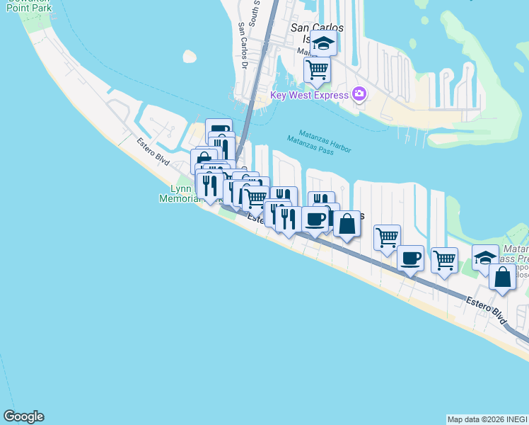 map of restaurants, bars, coffee shops, grocery stores, and more near 120 Primo Drive in Fort Myers Beach