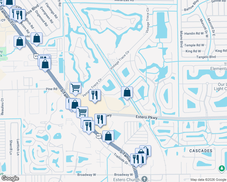 map of restaurants, bars, coffee shops, grocery stores, and more near 8510 Kingbird Loop in Fort Myers