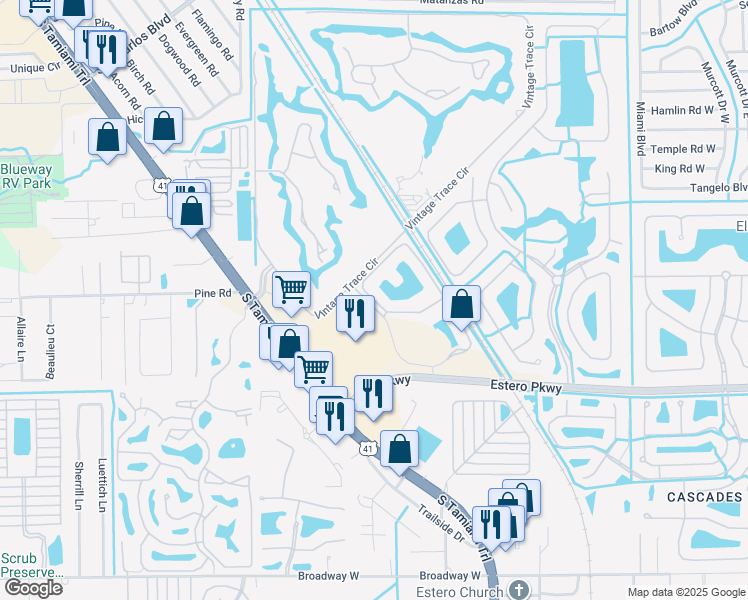 map of restaurants, bars, coffee shops, grocery stores, and more near 8490 Kingbird Loop in Fort Myers
