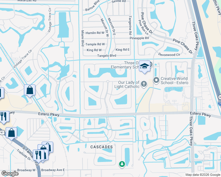 map of restaurants, bars, coffee shops, grocery stores, and more near 19612 Tesoro Way in Fort Myers
