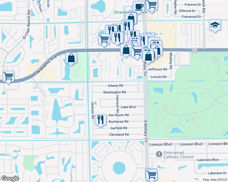 map of restaurants, bars, coffee shops, grocery stores, and more near 5278 Washington Road in Delray Beach