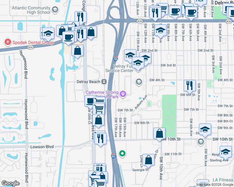 map of restaurants, bars, coffee shops, grocery stores, and more near 520 Southwest 15th Terrace in Delray Beach