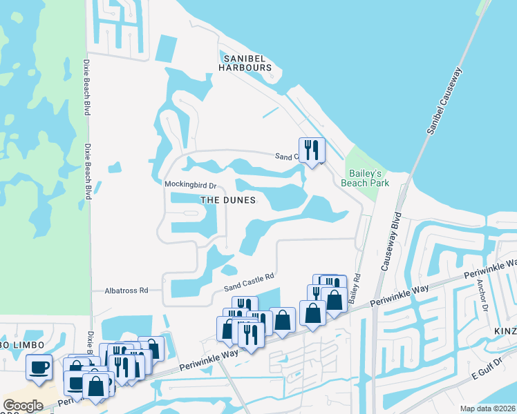 map of restaurants, bars, coffee shops, grocery stores, and more near 1172 Kittiwake Circle in Sanibel