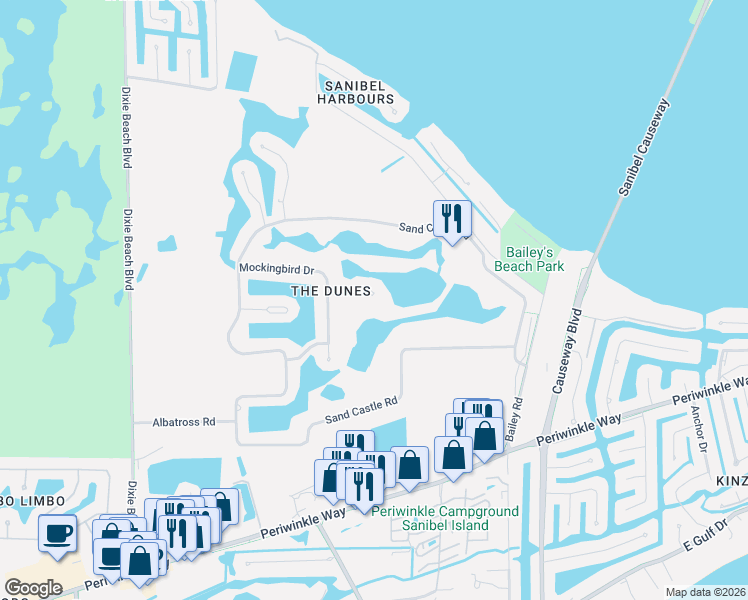 map of restaurants, bars, coffee shops, grocery stores, and more near 1172 Kittiwake Circle in Sanibel