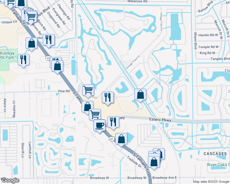 map of restaurants, bars, coffee shops, grocery stores, and more near 8490 Kingbird Loop in Fort Myers